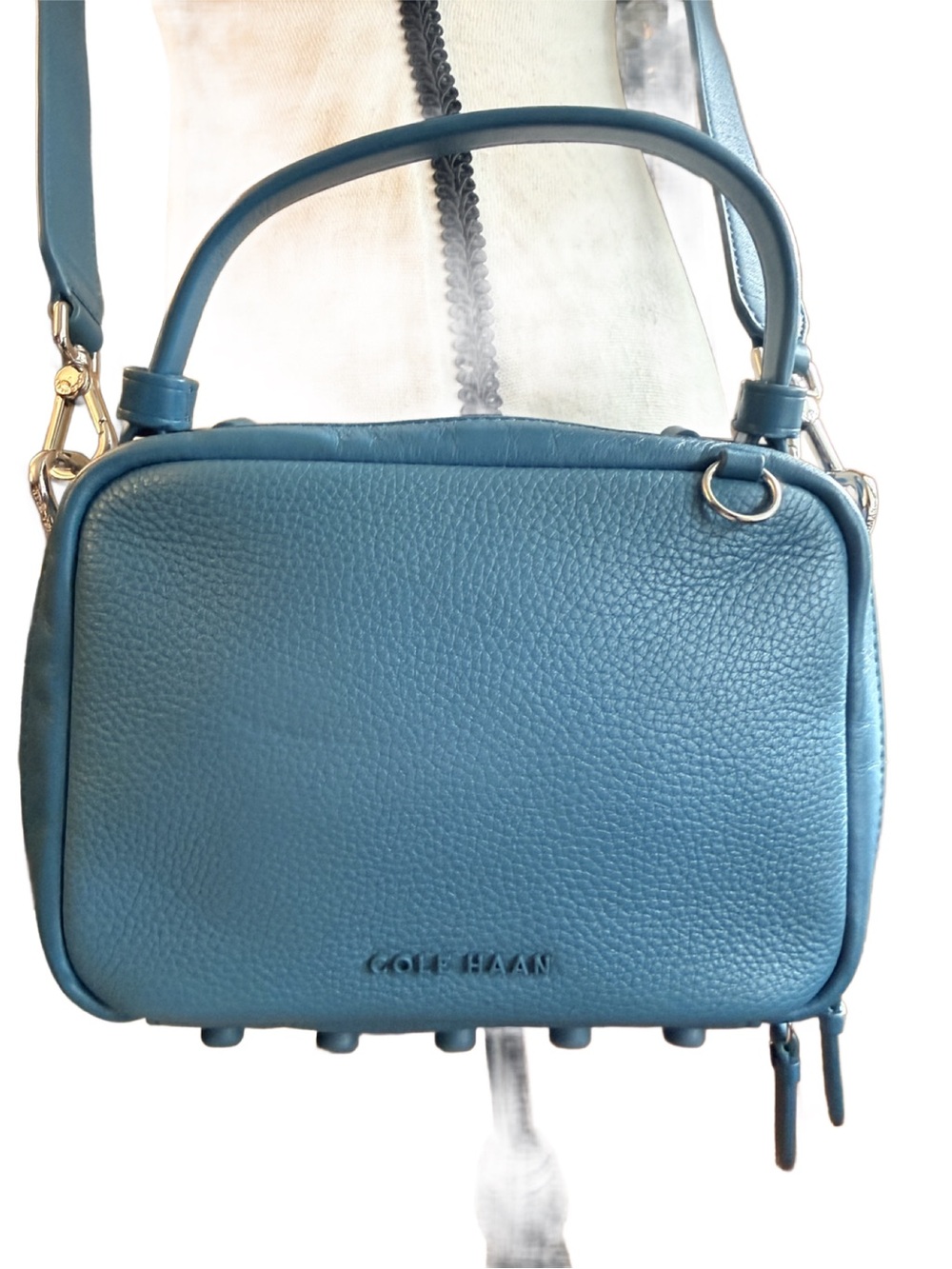 Cole Haan GrandSeries Blue Pebbled Leather Mini Satchel Crossbody Camera Bag